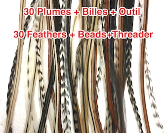 30 Premium bulk Feather extensions with length option. DIY Feather Kit all natural earthy colours, beads + threader + simple instruction.