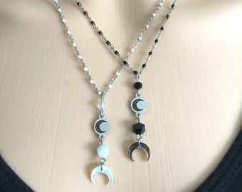 Rosary Necklace Black or White / Stainless Steel jewel / Moon crescent shell / Witch jewelry / Moon / Infinity /Sri Yantra /double horn