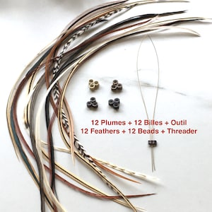 12 Premium Feather extensions 812 all natural colours mix. Reusable bulk feathers, Hair extension beads Threader Quick instructions image 1