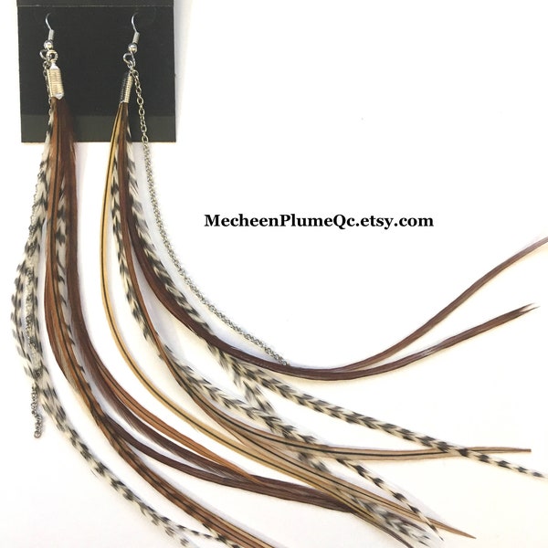 Feather Earrings natural colours with grizzly, blond and brown Feathers and Hypoallergenic earring hook | Feather earringsl Beauty Fairy