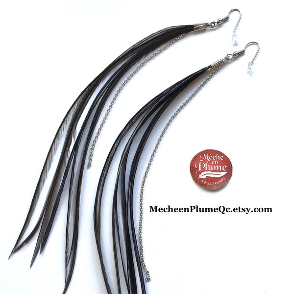 Feather Earrings / Black and slim Natural Feathers / Rooster Feathers Whiting / BOHO Jewelry / Surgical ear hooks / Wedding Jewelry