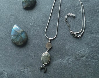 Labradorite Necklace - Stainless Steel -  Moon crescent shell - Symbolic Jewelry - Moon - Flower of Life - Sri Yantra - Gypsy Witch jewelry