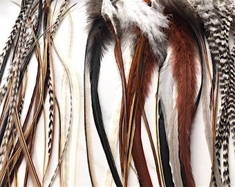 50x FEATHERS PREMIUM /Bulk Rooster feathers 6'-10' /Hair feather Extensions /Hair beads + Threader /Fluffy + Thin Feathers  /Natural colors