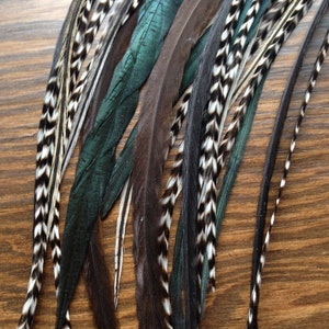 Hair Feather Extension 8'-12' / 5 feathers bonded /Long Grizzly feather /Crimp beads and hair threader / Rooster saddle /Feathers Wood Fairy