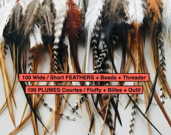 100 FEATHERS short + Wide 4"-7" Premium rooster feathers natural colours mix, Beads + Threader. Tye Flying feathers