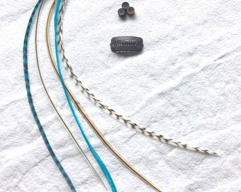 Hair Feather extension kit of 5 feathers. Mix of turquoise and natural colour feathers. Feather extension Melusine Fairy