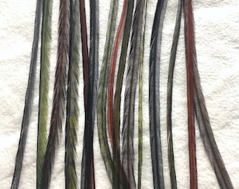 Hair Feather extension kit of 5 feathers. Mix of khaki green, grizzly green and natural colour feathers. Feather extension Amazon Fairy