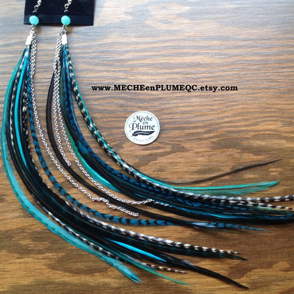 Boucle d'oreille PLUMES / Long feather earrings / Bijoux Plumes Gipsy Witch / Onyx et Amazonite / Plumes Turquoise etTeal / Déesse des Mers