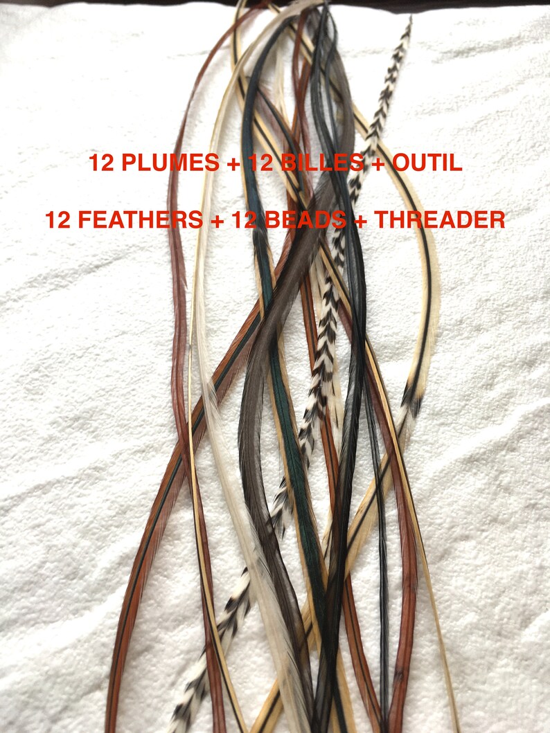 12 Premium Feather extensions 812 all natural colours mix. Reusable bulk feathers, Hair extension beads Threader Quick instructions image 3