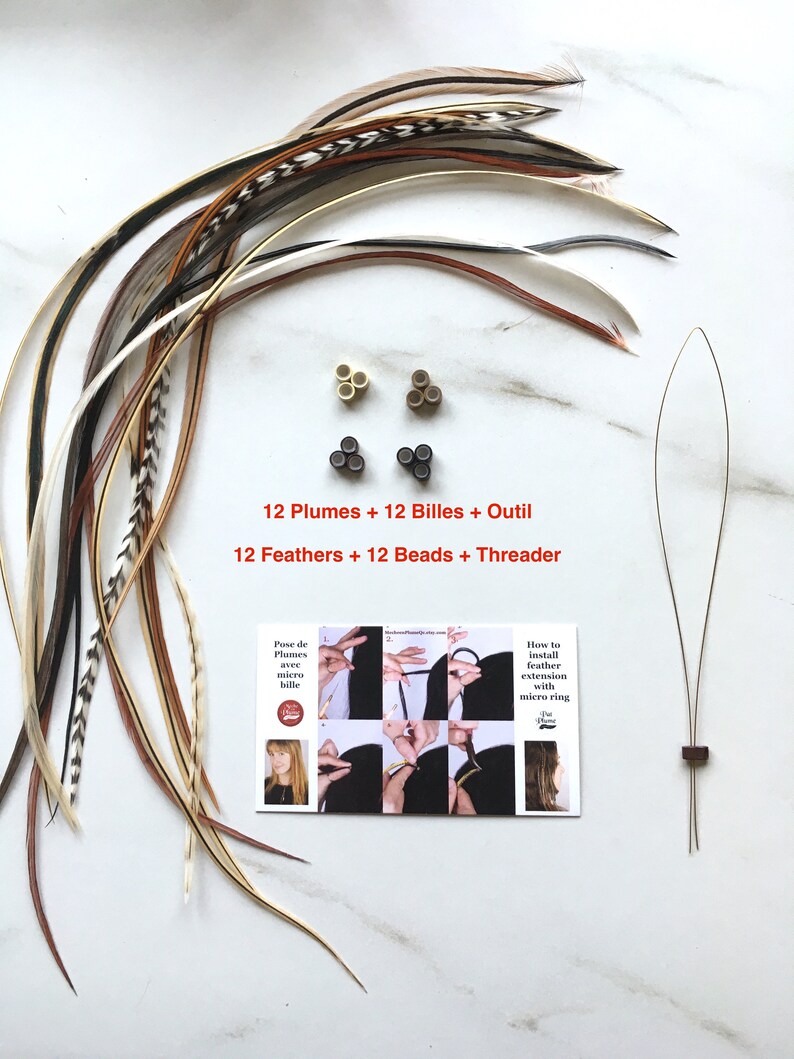 12 Premium Feather extensions 812 all natural colours mix. Reusable bulk feathers, Hair extension beads Threader Quick instructions image 10