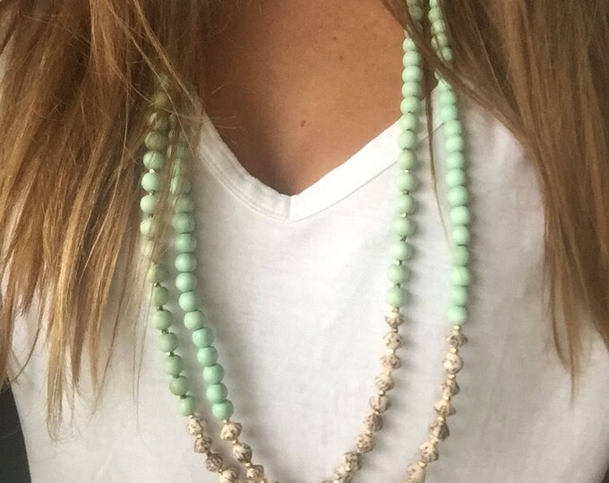 Beachy Beaded Layering Necklace/ Blue Wood Bead Necklace/ Etsy