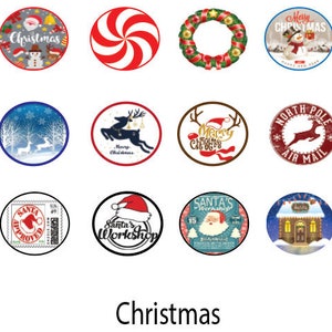 May include: Twelve round Christmas themed stickers with various designs.  The stickers feature images of Santa Claus, reindeer, candy canes, snowmen, and Christmas trees.  The text on the stickers includes "Merry Christmas", "Santa's Workshop", "North Pole Air Mail", and "Approved".