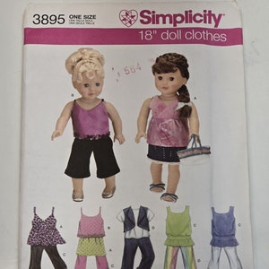 May include: Simplicity pattern 3895 for 18 inch doll clothes. The pattern includes instructions for making a variety of outfits, including a pink tank top with black shorts, a pink and white top with denim shorts, a pink and white top with a green skirt, a blue vest with jeans, a green tank top with striped pants, and a purple tank top with white pants.