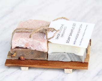 Soap Sample Set & Wood Soap Dish - Natural Soap - Vegan - Organic Skin Care - Palm Oil Free - Wood Dish - Essential Oil Soap - Cold Process