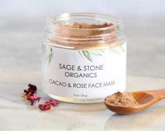 Cacao & Rose Organic Face Mask - All Natural, Rose, Chocolate, Vegan, Antioxidant, Anti Aging, Dry Skin, Sensitive, Artisan, Rhassoul Clay