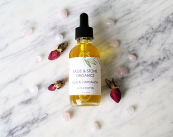 Rose & Cardamom Body Oil -Rose Quartz Infused, Organic Skin Care, Bath, Massage, Crystal, Lotion, Serum, Floral, Essential Oils,Cruelty Free