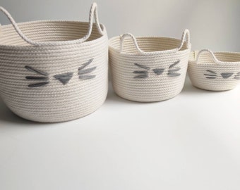 Cat Face Rope Baskets - cotton rope basket - rope basket - cat basket - rope basket decor - cat decor - nursery decor - basket - rope bucket