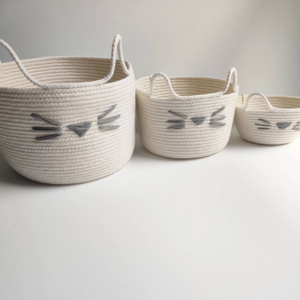 Cat Face Rope Baskets - cotton rope basket - rope basket - cat basket - rope basket decor - cat decor - nursery decor - basket - rope bucket