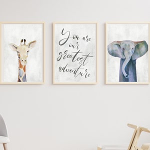 Safari Nursery Decor: Giraffe & Elephant Art Prints (Set of 3) (Digital Download)