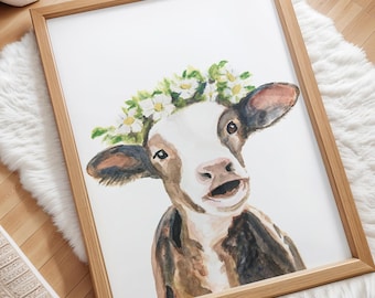 Cow Nursery Art Print, Floral Farm Animal Wall Decor