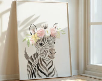 Baby Zebra Watercolor Print: Safari Nursery Art, Pink Flower Crown