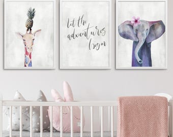 Safari Nursery Prints Giraffe, Elephant Wall Art Digital Download Set