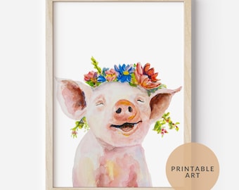 Watercolor Pig Nursery Art Print, Flower Crown Pig Wall Art, Farm Nursery Decor, Baby Animal Printable, Gender Neutral Digital Art Print