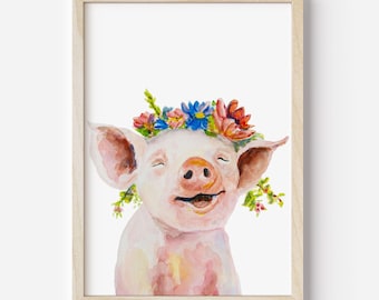 Floral Pig Nursery Print: Watercolor Farm Animal Art