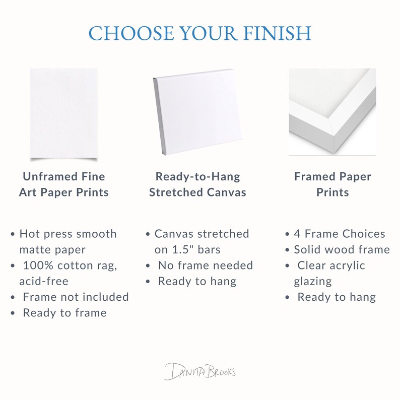 three different types of art paper prints: Unframed Fine Art Prints, Ready-to-Hang Stretched Canvas, and Framed Paper Prints. Each type of print has its own unique features and characteristics, such as the materials used, the frame options, and the ease of hanging or framing.