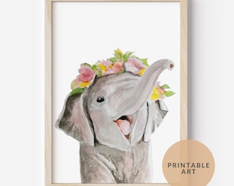Floral Elephant Nursery Printable, Safari Animal Wall Art