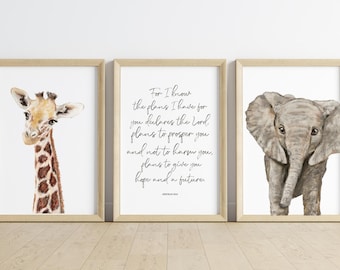 Jeremiah 29:11 Safari Nursery Art Set, Bible Verse Jungle Prints