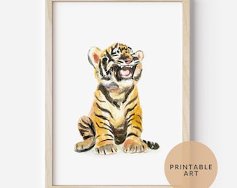 Lámina imprimible para habitación infantil con diseño de cachorro de tigre, descarga de arte mural de animales de safari.