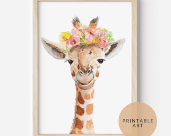 Jirafa con corona de flores para imprimir, decoración de pared para habitación infantil con temática de safari.