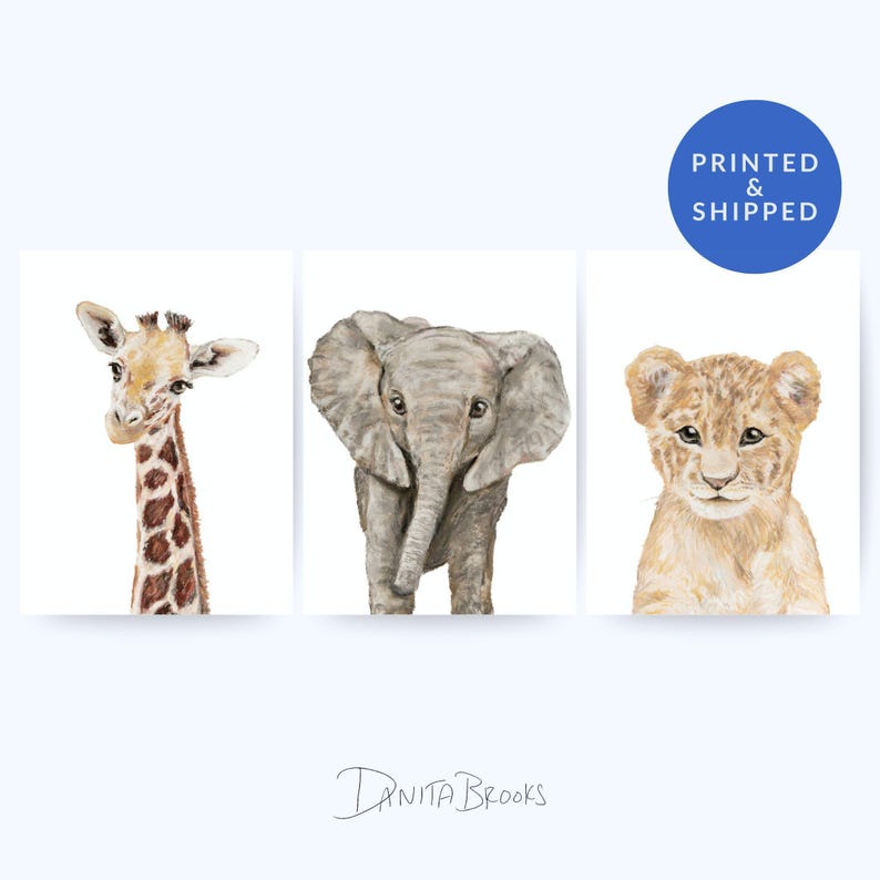 Safari Nursery Wall Art Set, Elephant Giraffe Lion Cub Prints image 2