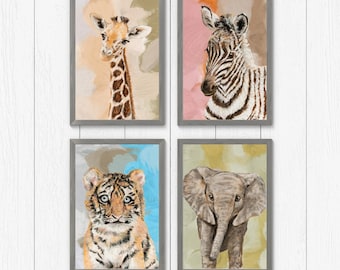 Safari Nursery Wall Art Set of 4, Elephant Zebra Lion Giraffe Prints