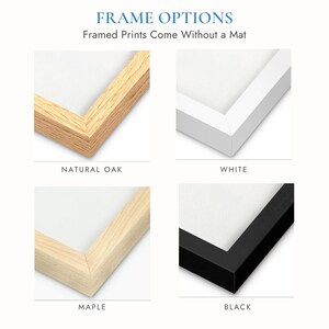 four different types of frames, each with a different color and finish, including natural oak, white, black, and maple.