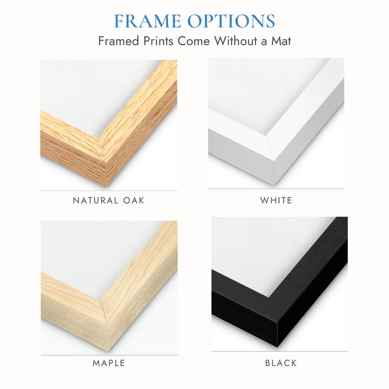 four different types of frames, each with a different color and finish, including natural oak, white, black, and maple.