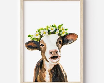Cow Art Print: Floral Crown, Farmhouse Nursery Decor