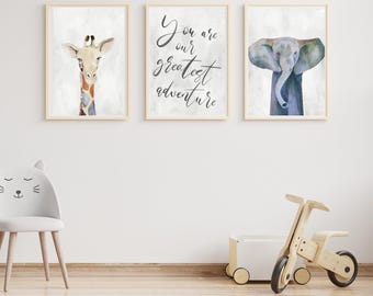 Safari Nursery Decor: Giraffe & Elephant Art Prints (Set of 3) (Digital Download)
