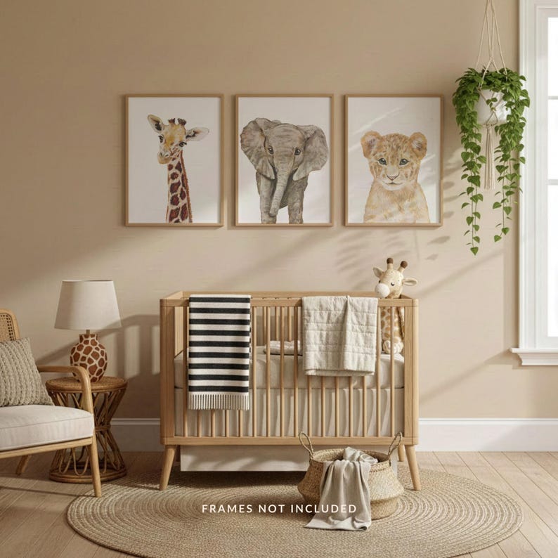 Safari Nursery Wall Art Set, Elephant Giraffe Lion Cub Prints image 3