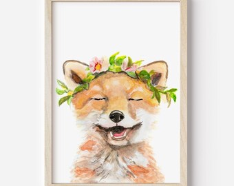 Blumenkrone Fuchs Kinderzimmer Kunstdruck, Waldtier Dekor
