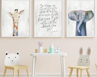 Joshua 1:9 Safari Nursery Printable, Bible Verse Art Set
