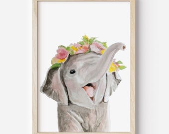 Baby Elephant Flower Crown Print: Watercolor Safari Nursery Art