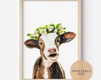 Impresión de arte de acuarela para guardería, arte de pared imprimible de vaca bebé, decoración de guardería de granja, arte floral de vaca para guardería, descarga de guardería de género neutro
