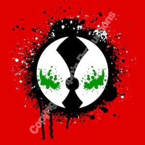 May include: Black and white graphic of a skull with green splatter paint on a red background.
