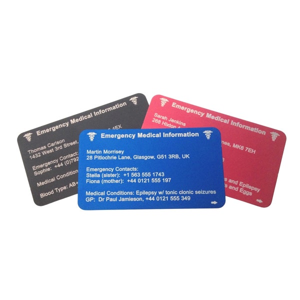 Custom Metal Wallet Cards Personalized Gift For Medical Alert ID Customised ICE Card Emergency Allergy Diabetes Medication Aluminium UK