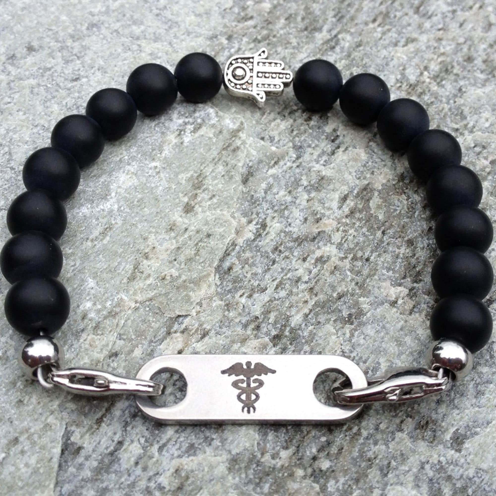 Agate Medical Alert Bracelet Black Beads Personalised Medic ID Jewellery Handmade Diabetes No Spleen COPD Asthma Epilepsy Allergies UK Haven