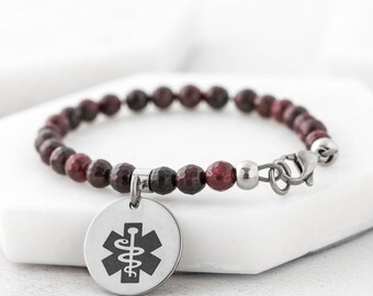 Garnet Beaded Medical ID Bracelet, Custom Engraved Charm, Pout