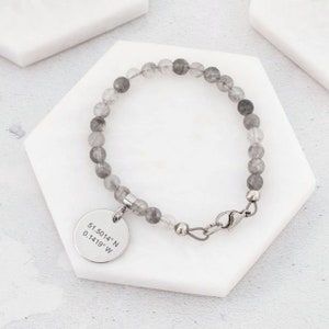 Ladies Personalised Location Bracelet Jewellery Personalized Latitude Longitude Jewelry GPS Coordinates Grey Quartz Beads Charm UK Smoke