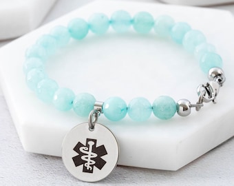 Aqua Amazonite Medical ID Bracelet, Custom Engraved Charm, Breeze